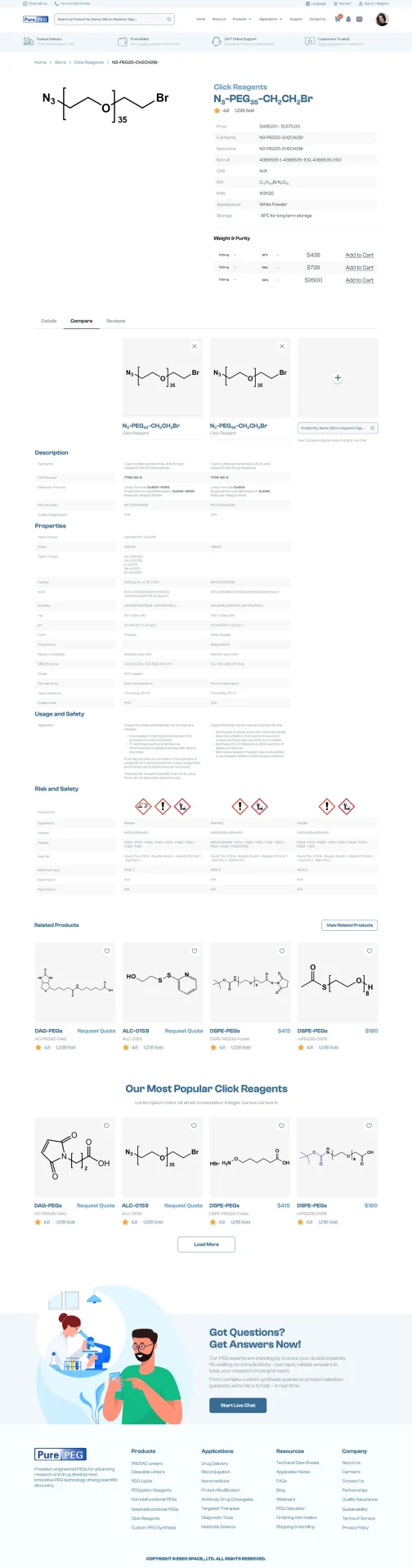 Side-by-side product comparison table on the PurePEG e-commerce site showing molecular weights, purity levels, and pricing for PEG reagent variants