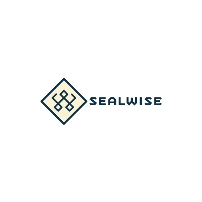 Sealwise Epoxy brand logo featuring an interlocking geometric diamond icon in dark navy with cream fill, paired with bold uppercase SEALWISE wordmark on a clean white background