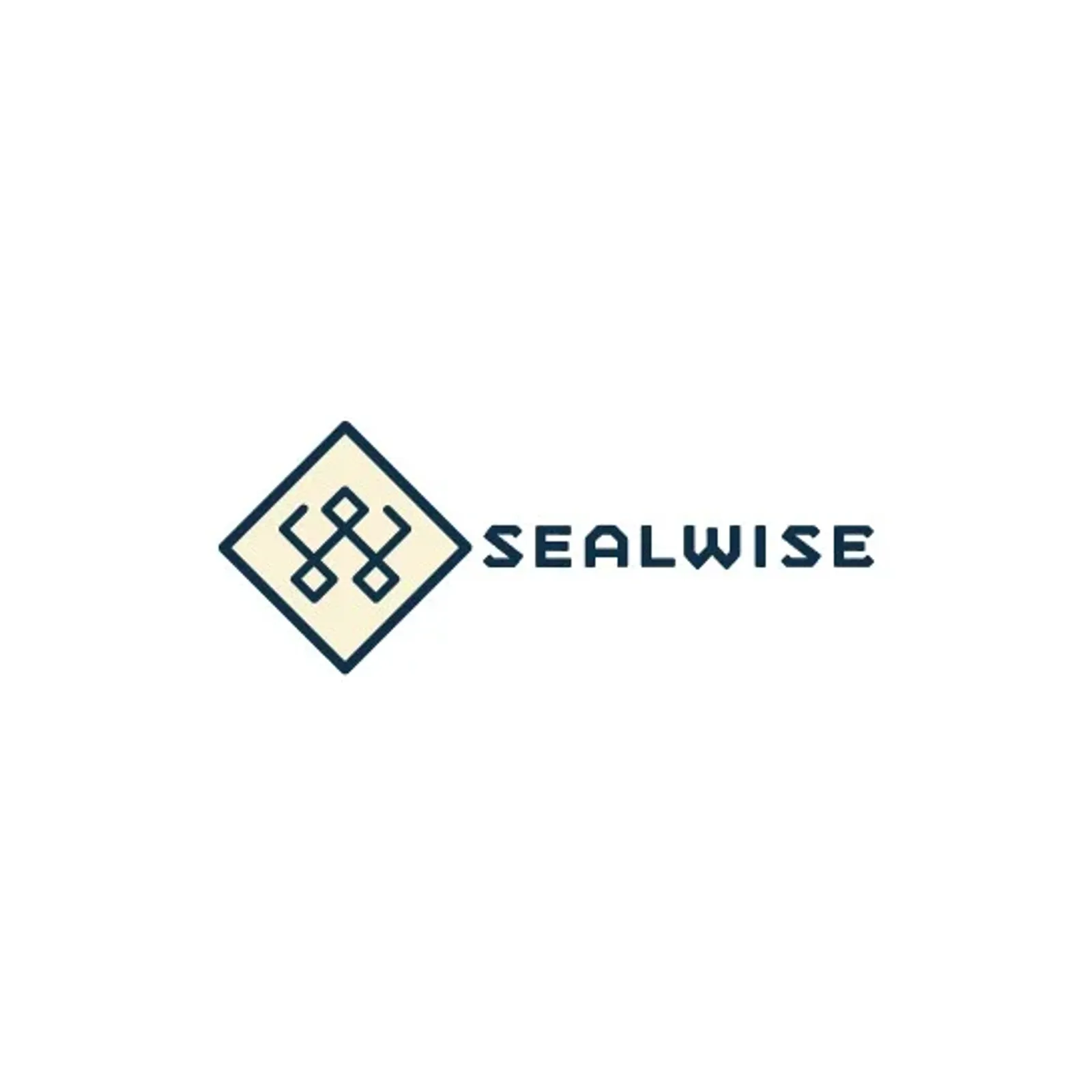 Sealwise Epoxy brand logo featuring an interlocking geometric diamond icon in dark navy with cream fill, paired with bold uppercase SEALWISE wordmark on a clean white background