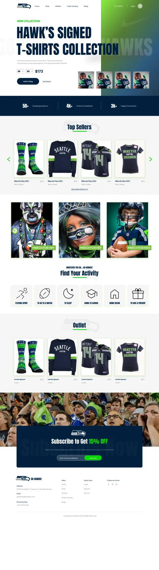 Seattle Seahawks fan merchandise e-commerce store designed by DMS with product categories and featured collections
