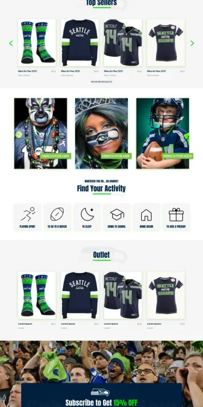 Seattle Seahawks fan merchandise e-commerce store designed by DMS with product categories and featured collections