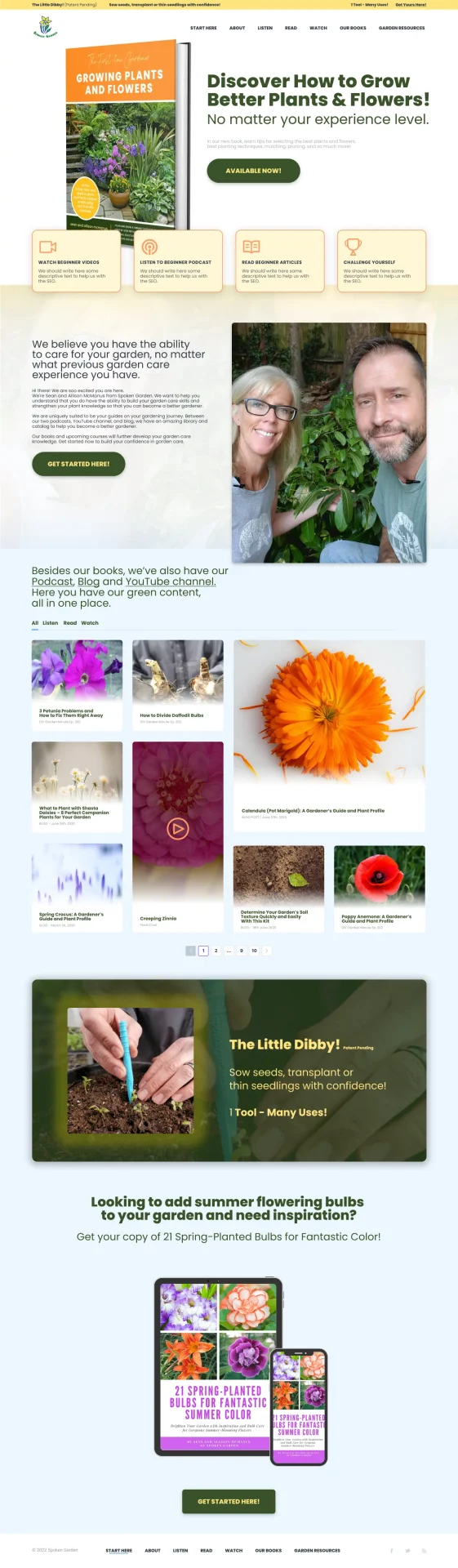 Spoken Garden plant care website designed by DMS with book promotion, podcast, blog, and gardening resources