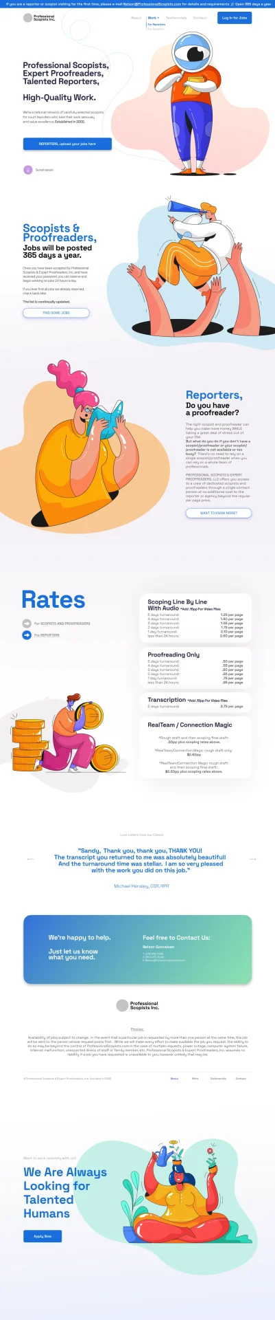 Professional Scopists staffing service website designed by DMS with illustrated characters and job board integration