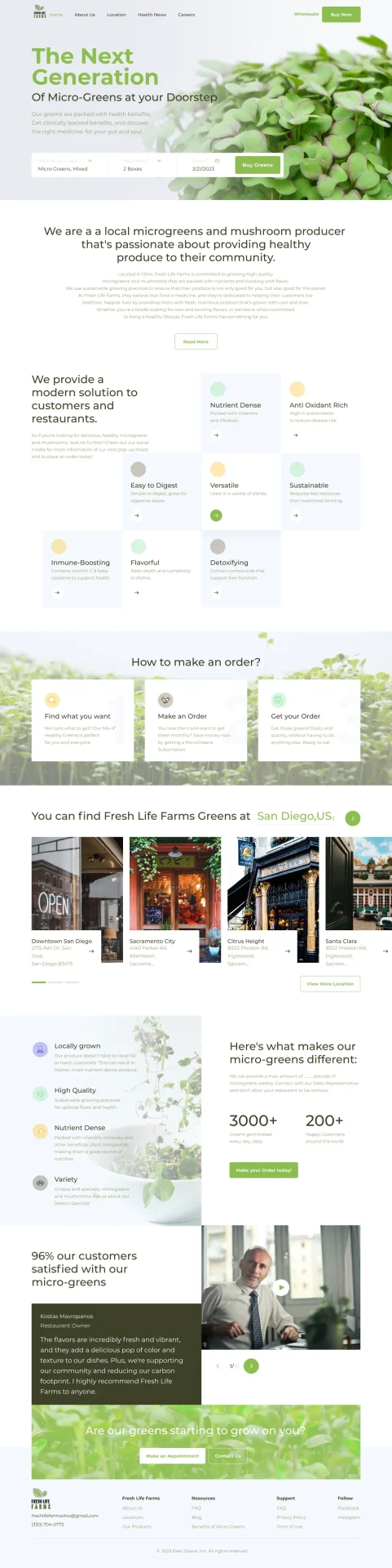 Fresh Life Farms microgreens e-commerce designed by DMS with ordering system, multiple locations, and health benefits