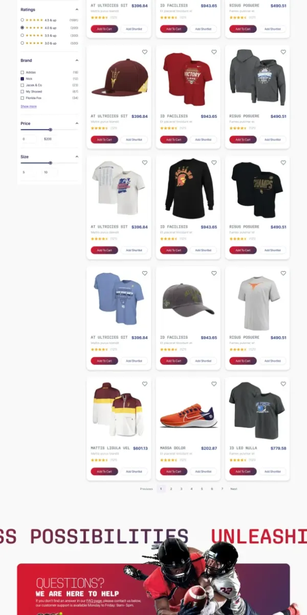Touchdown Trackers football merchandise e-commerce designed by DMS with product filters, ratings, and category sorting