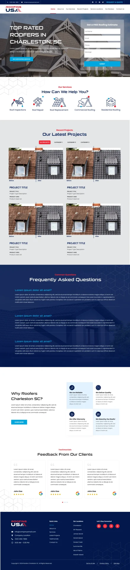 Roofing USA contractor website designed by DMS with lead capture form, before-and-after project gallery, and testimonials