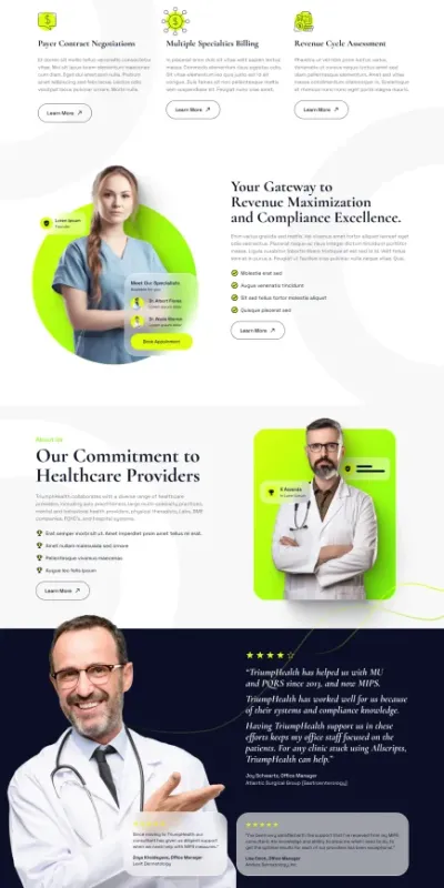 TriumphHealth healthcare revenue cycle management website designed by DMS with service cards and provider testimonials