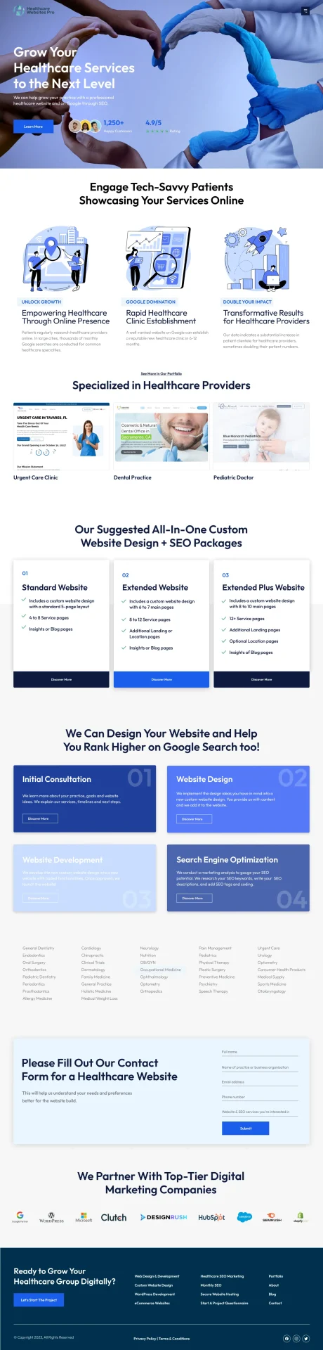 Healthcare Websites Pro agency site designed by DMS with medical web design packages, portfolio, and SEO integration