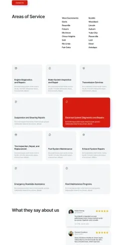 Auto repair and tire service center website designed by DMS with emergency roadside assistance, service areas, and diagnostic grid