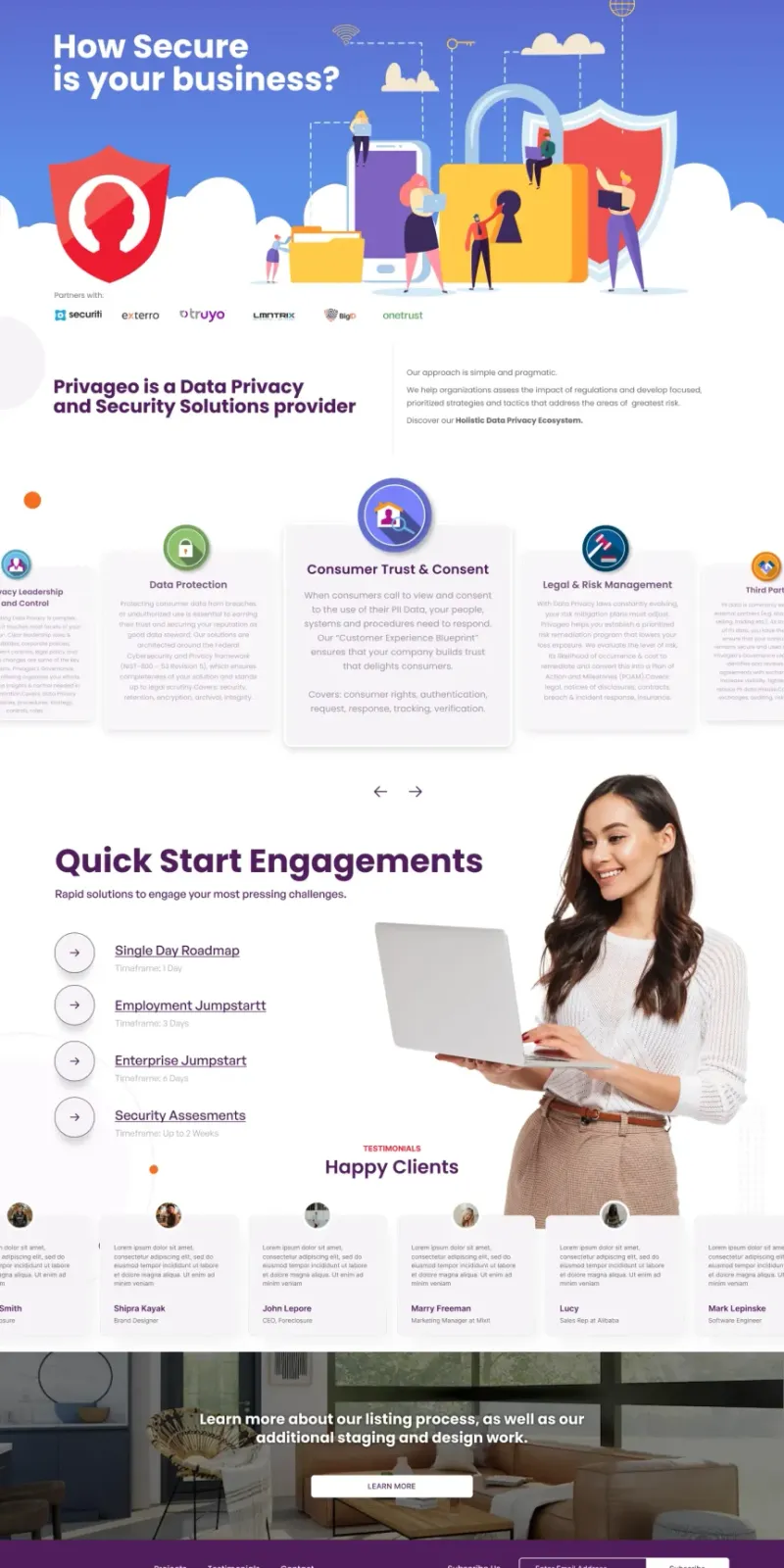 Privageo data privacy and security solutions website designed by DMS with compliance framework and enterprise client carousel