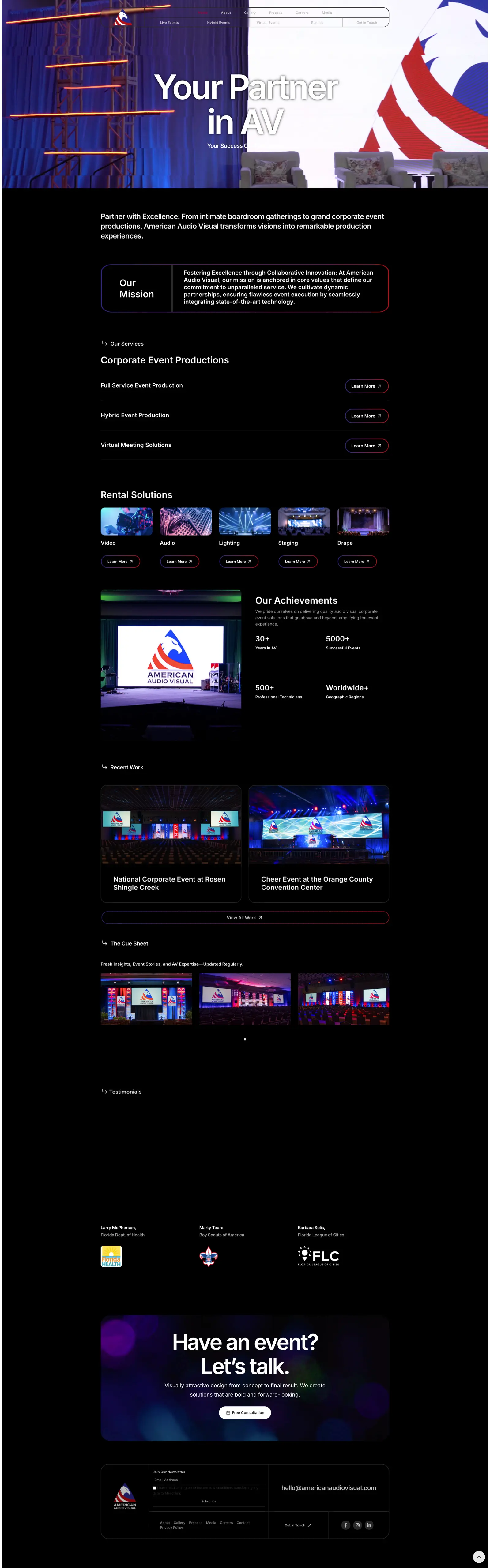 American Audio Visual homepage design with hero video, services section, rental categories, and testimonials