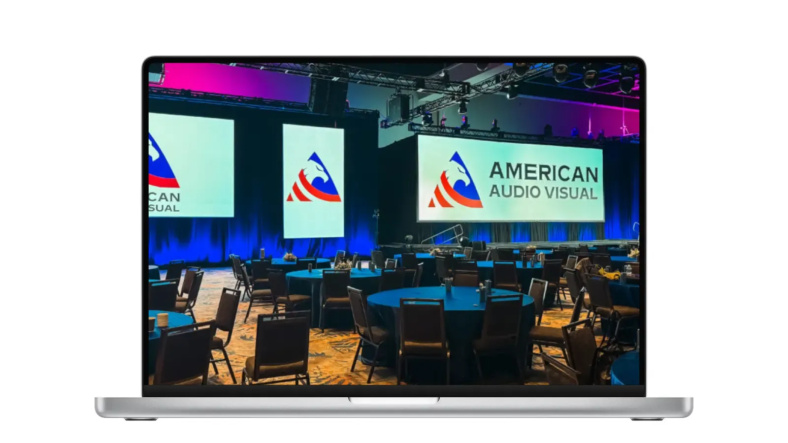 American Audio Visual LED stage setup with branded screens and professional lighting for corporate event production