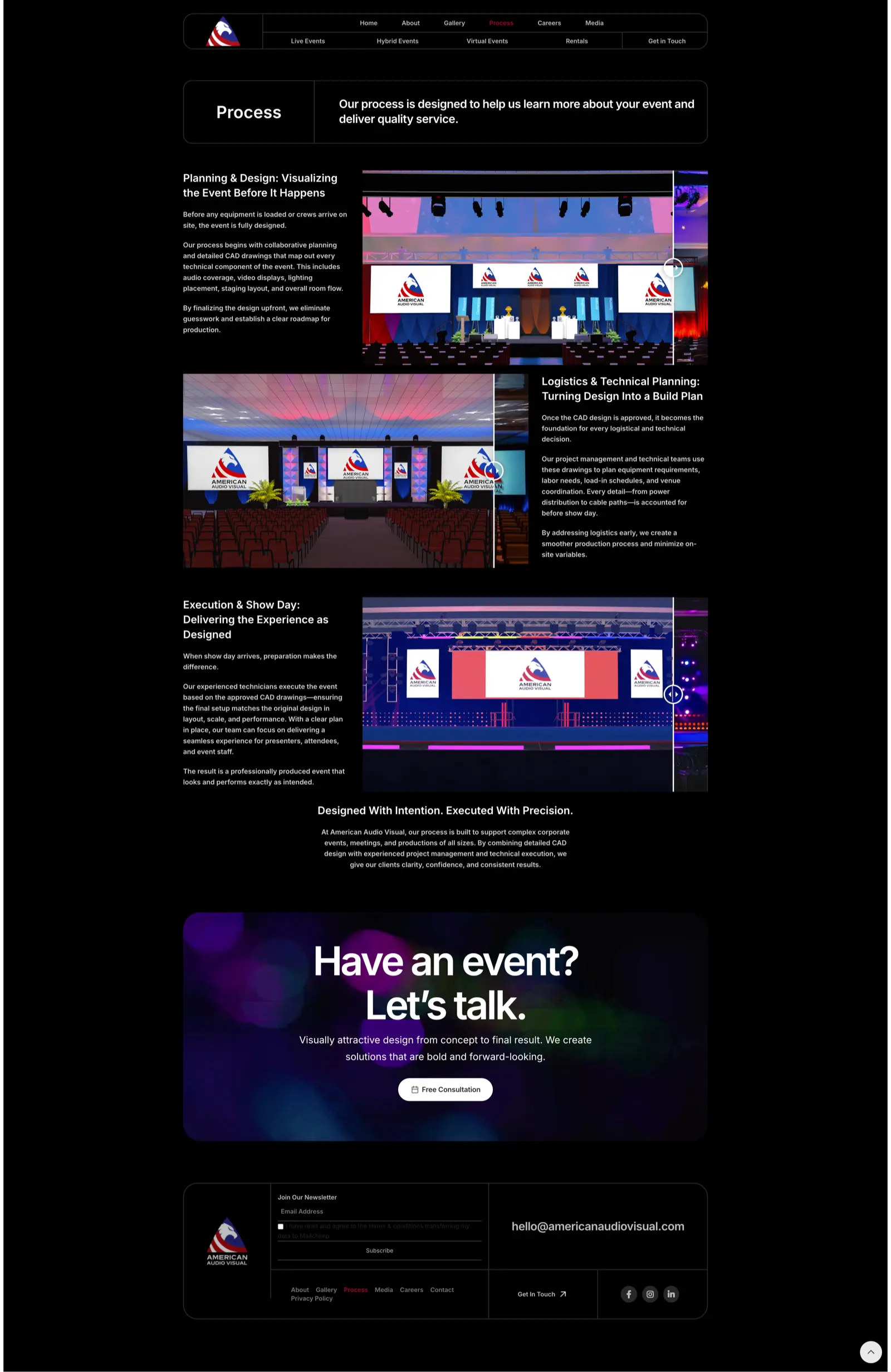 American Audio Visual Process page showing 3-phase event production workflow with CAD renderings