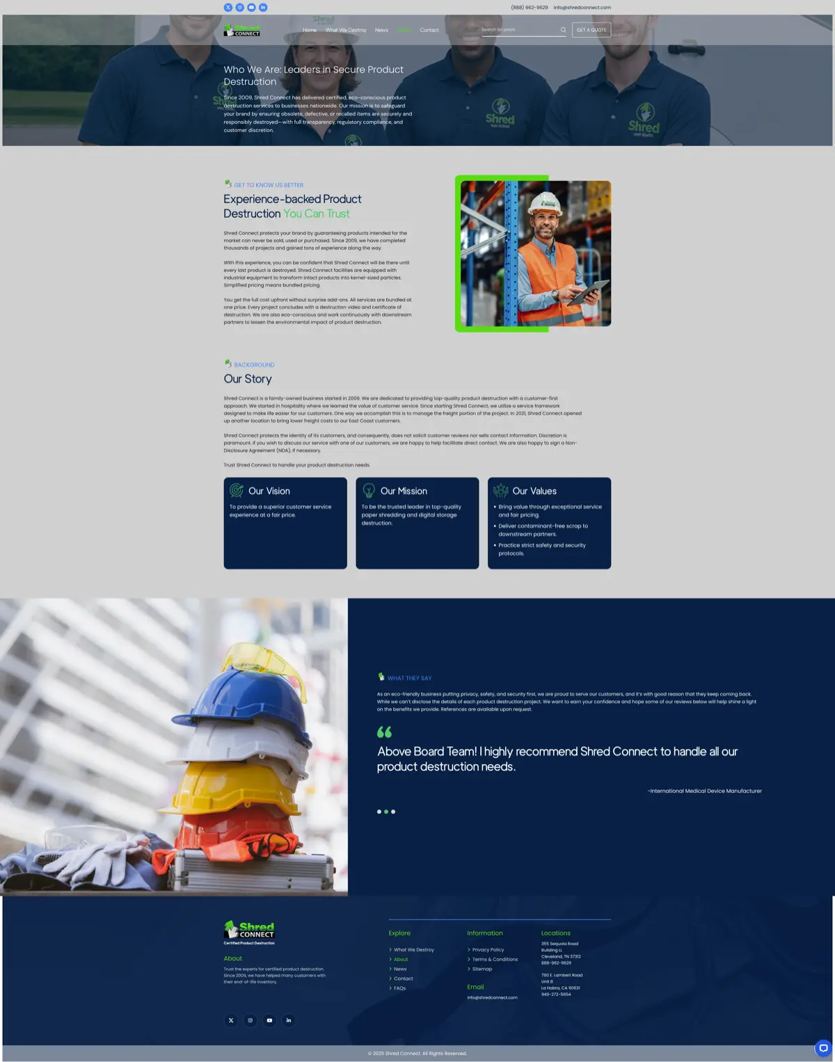 ShredConnect about page with company story, vision and mission cards, and testimonial section with team photography