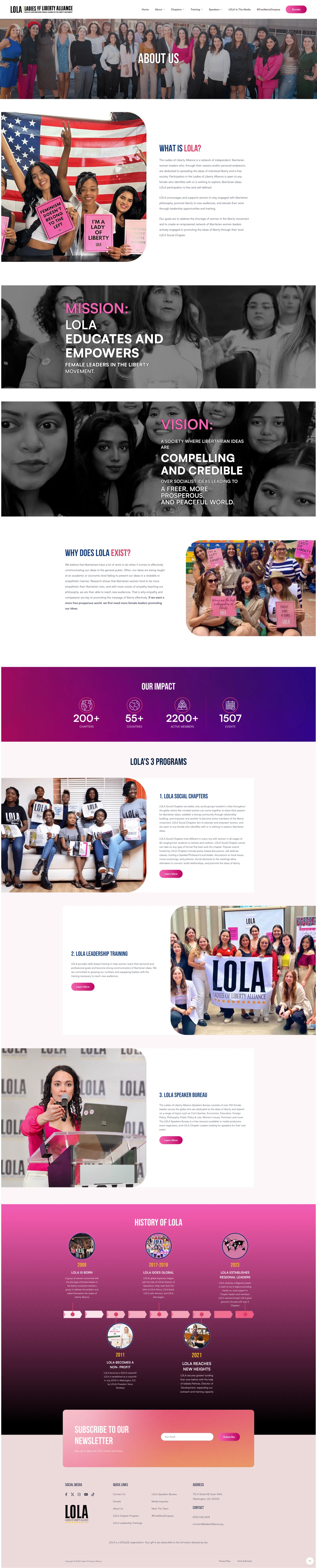 LOLA About Us page showing the organization's mission and global chapter network