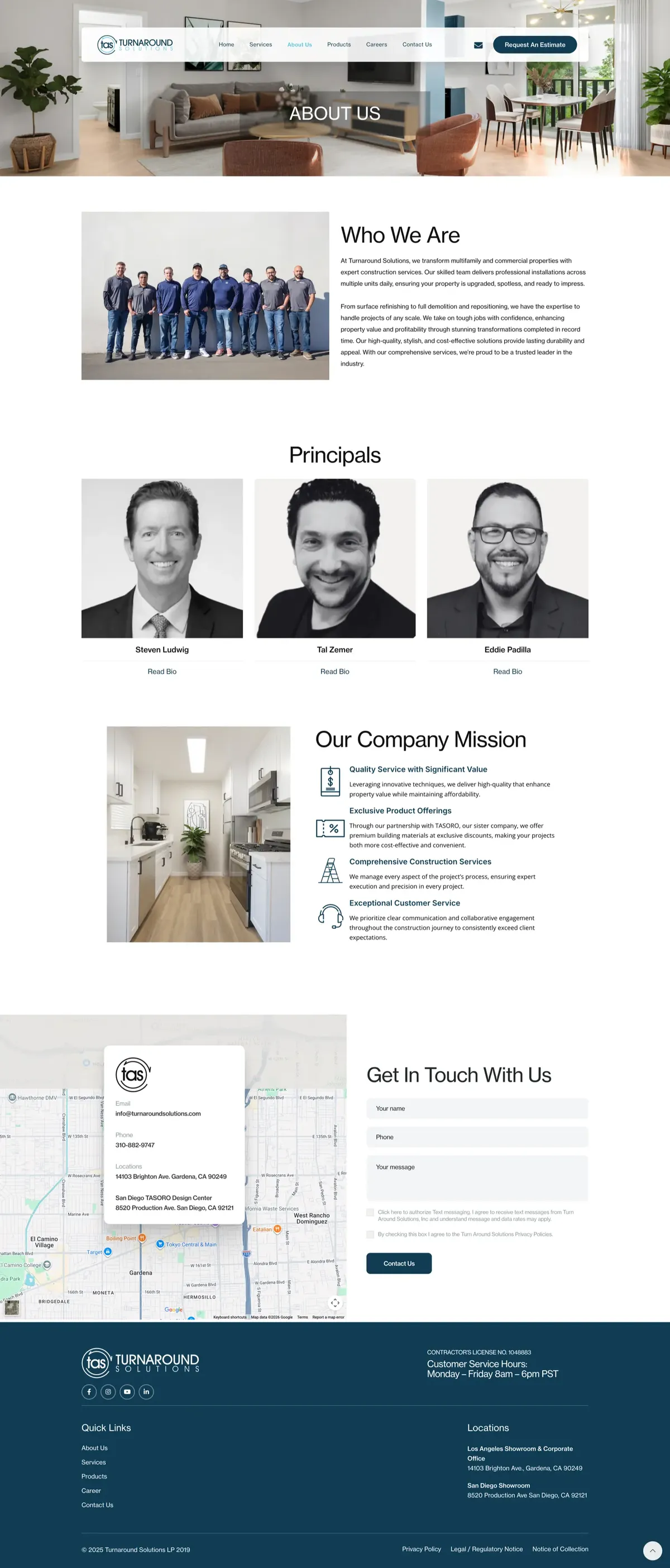 Turnaround Solutions about page featuring company principals and $1B+ property acquisition track record