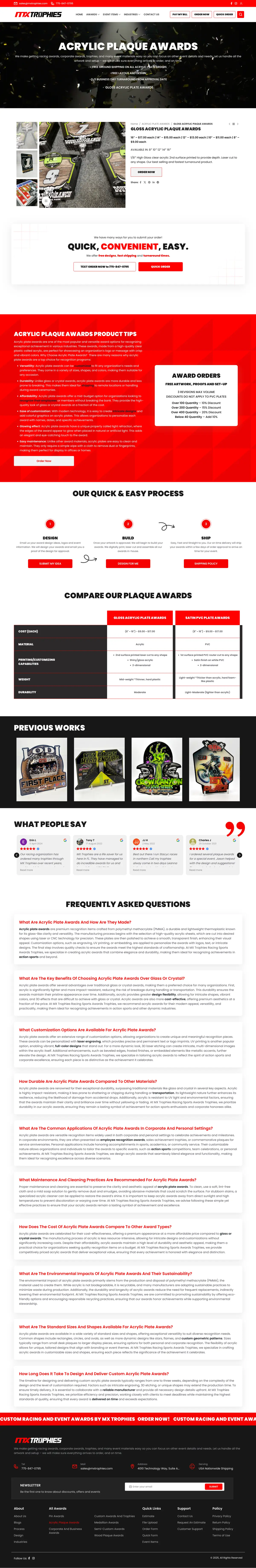 MX Trophies acrylic plaque awards category page with product comparison and FAQ section