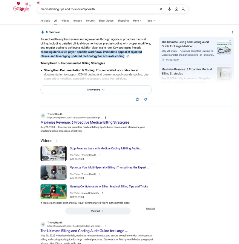 Google AI Overview citing TriumpHealth for 'medical billing tips and tricks'