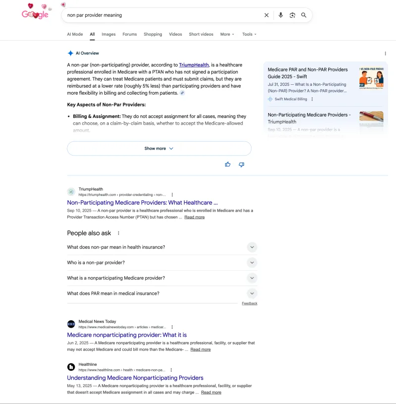 Google AI Overview citing TriumpHealth for 'non par provider meaning'