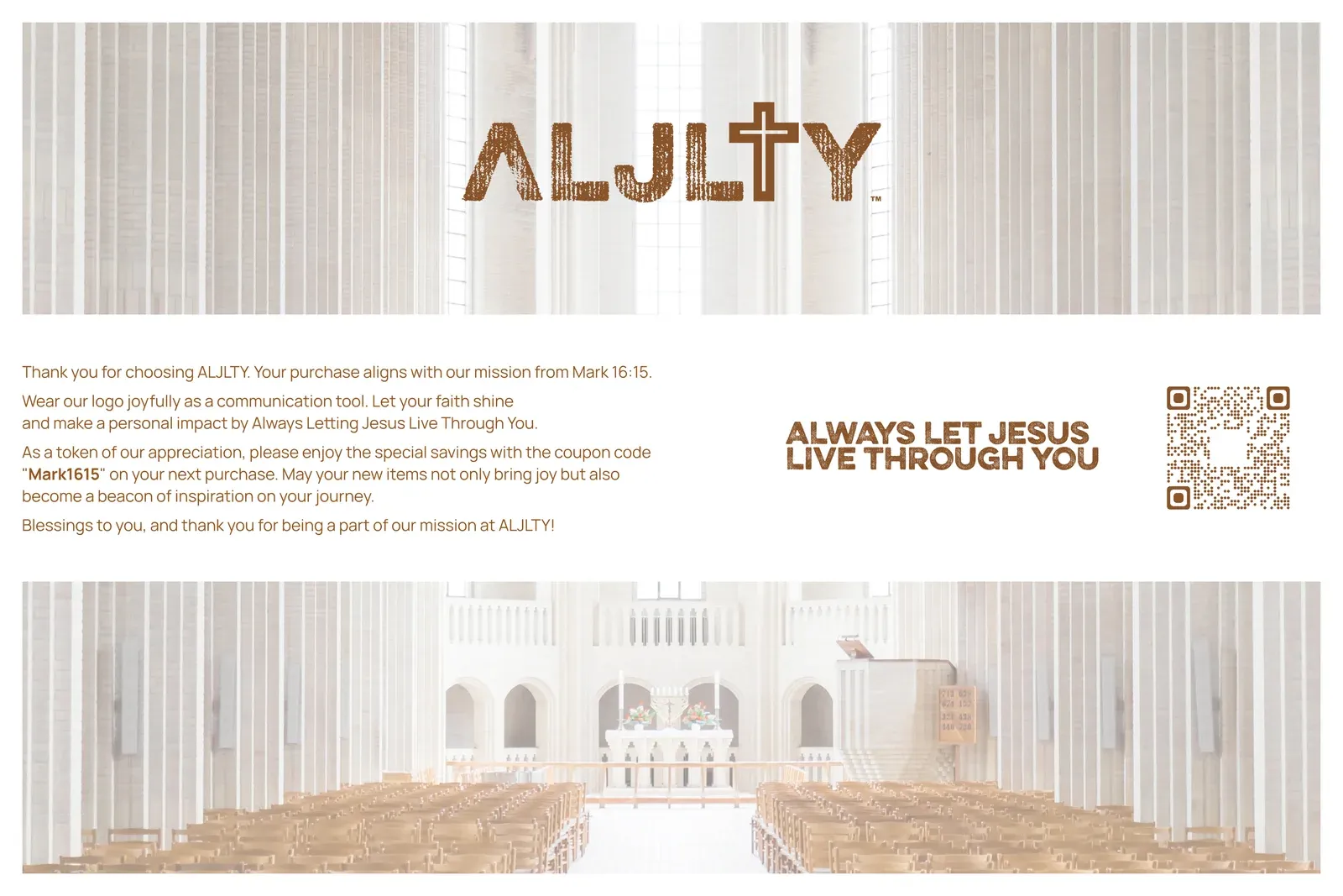 ALJLTY package insert with church interior backdrop, copper logo, mission text, coupon code, and QR code