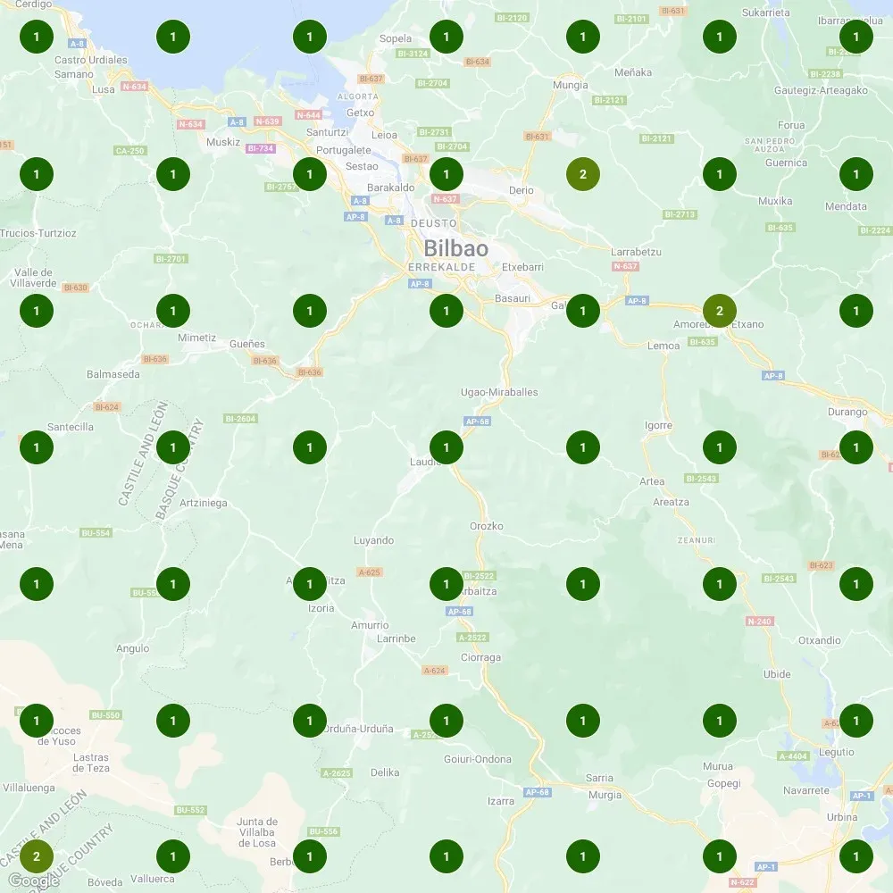 Local SEO ranking grid for guitar lessons in Bilbao showing top positions across surrounding neighborhoods