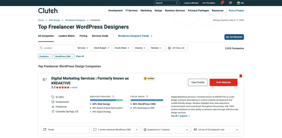 I reviewed Clutch's top 15 freelance WordPress designers. Here's what each one does well, what they charge, and who they're best for.