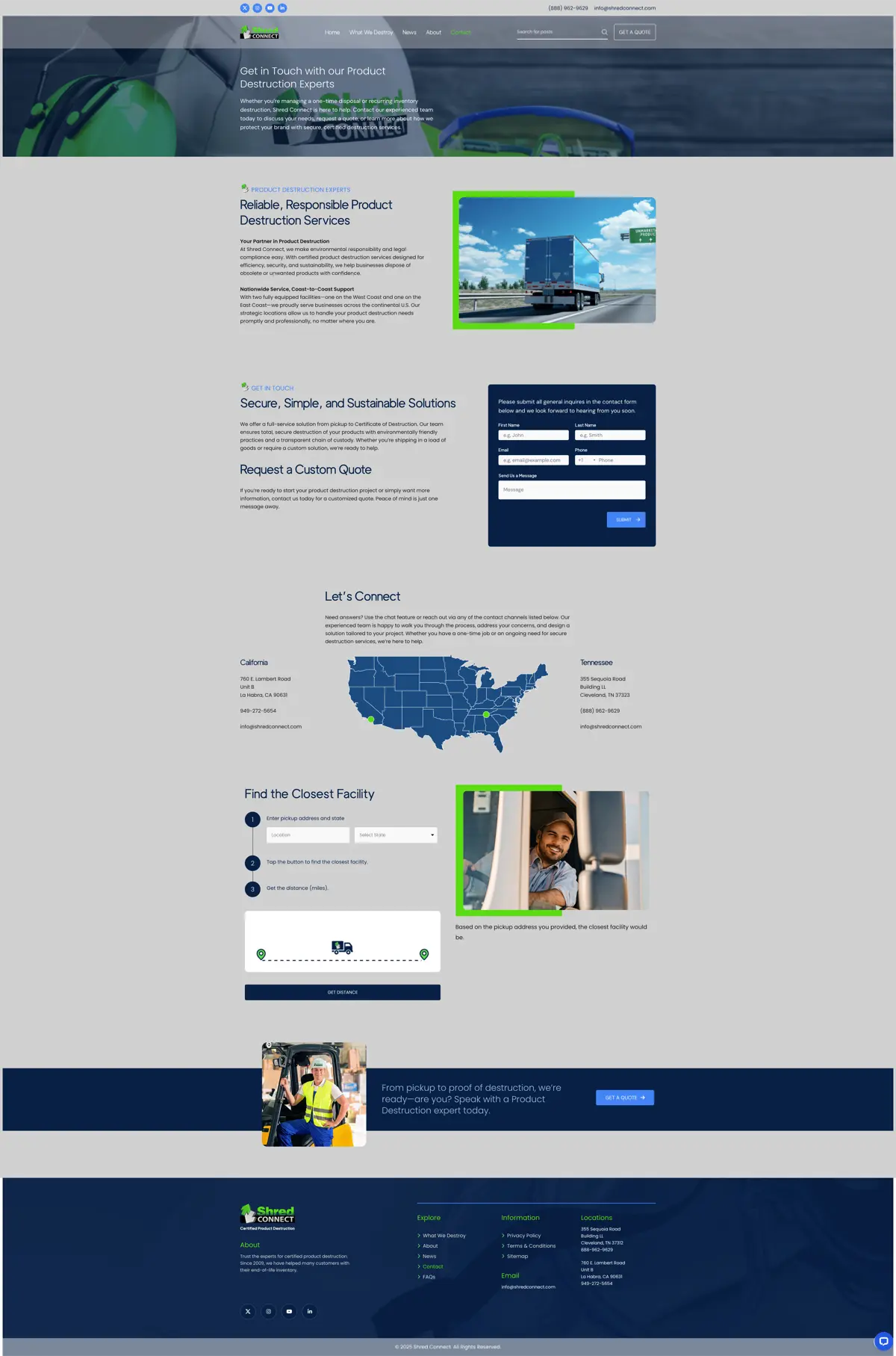 ShredConnect contact page with dual location display, interactive US map, and facility distance finder tool