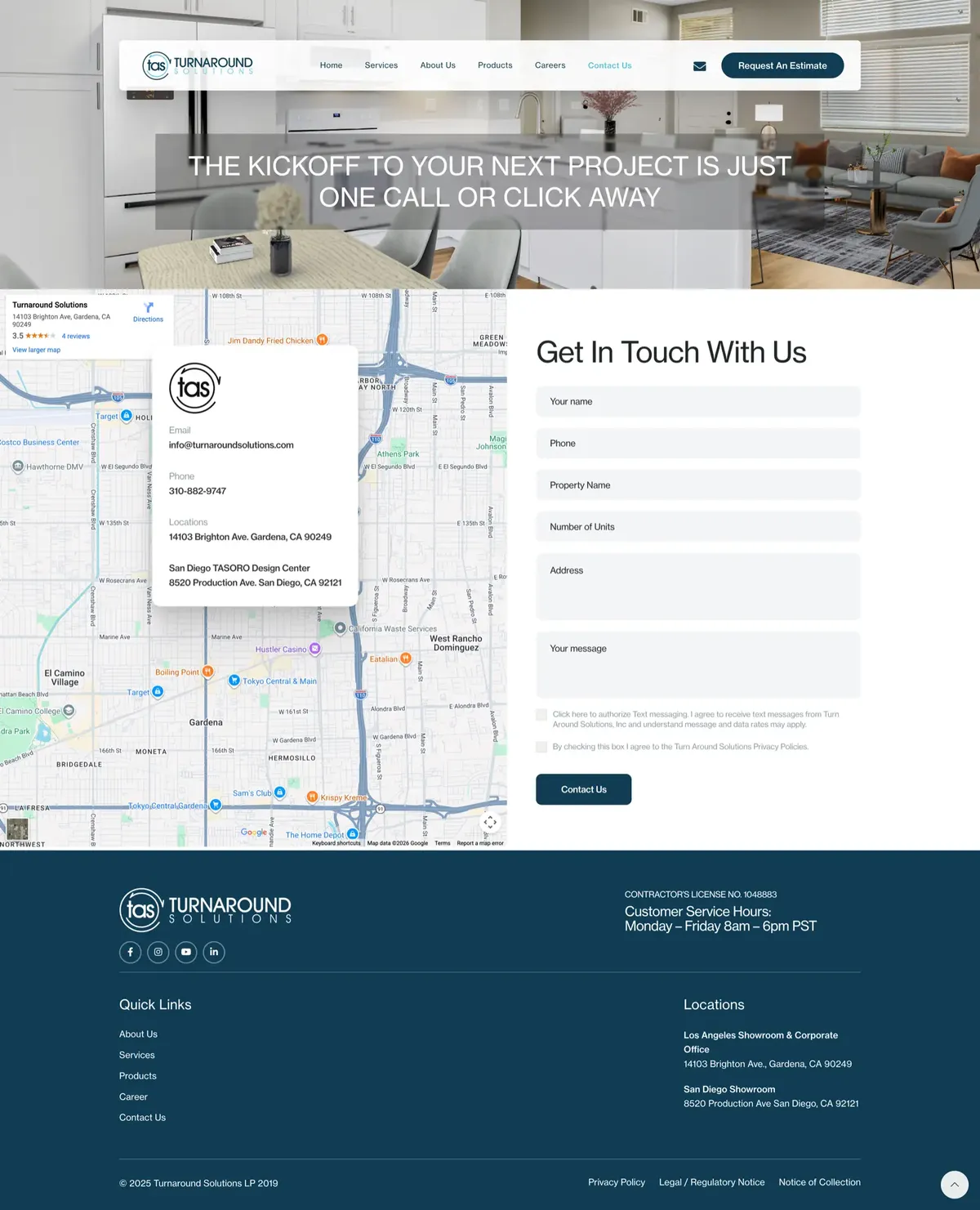 Turnaround Solutions contact page with B2B inquiry form including Number of Units field and two-location map
