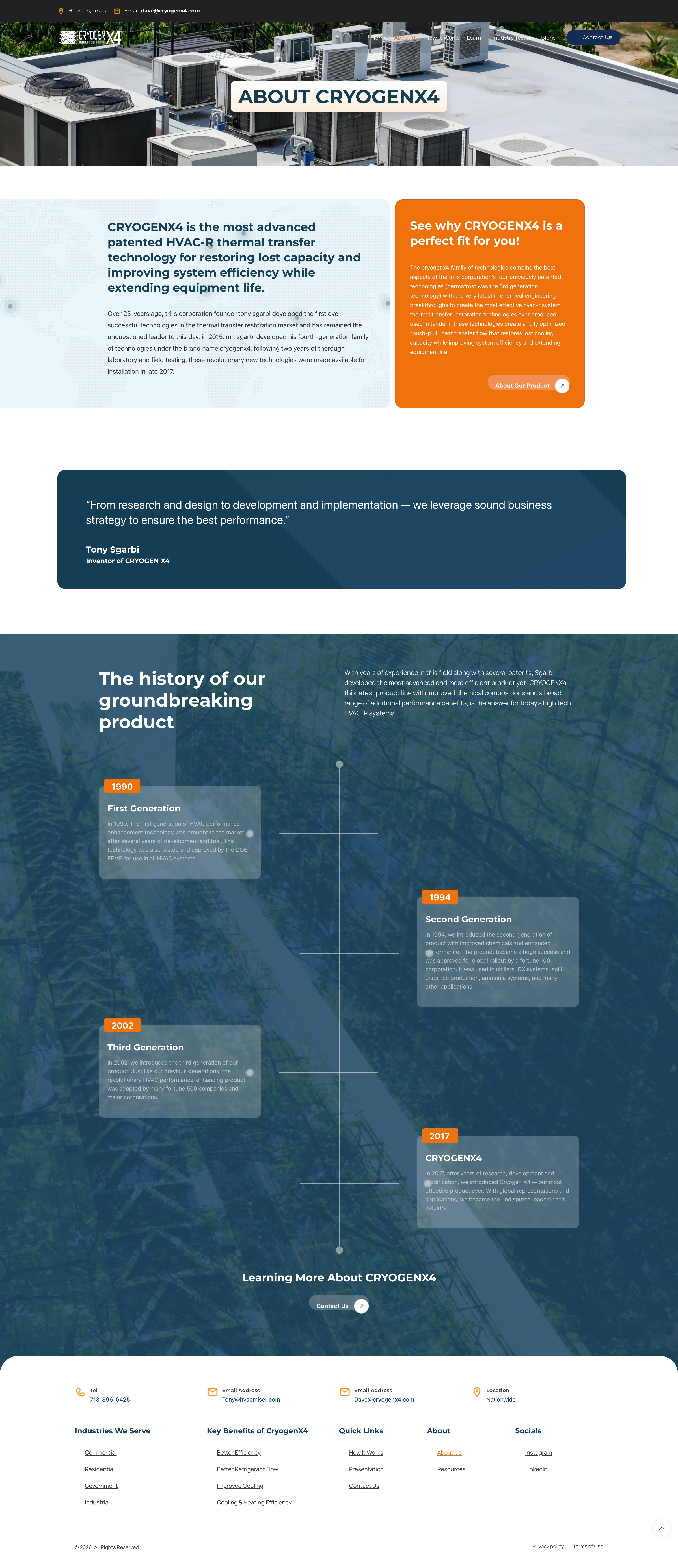 CryogenX4 About page with company history timeline, founder profile, and product generation milestones from 1990 to 2017