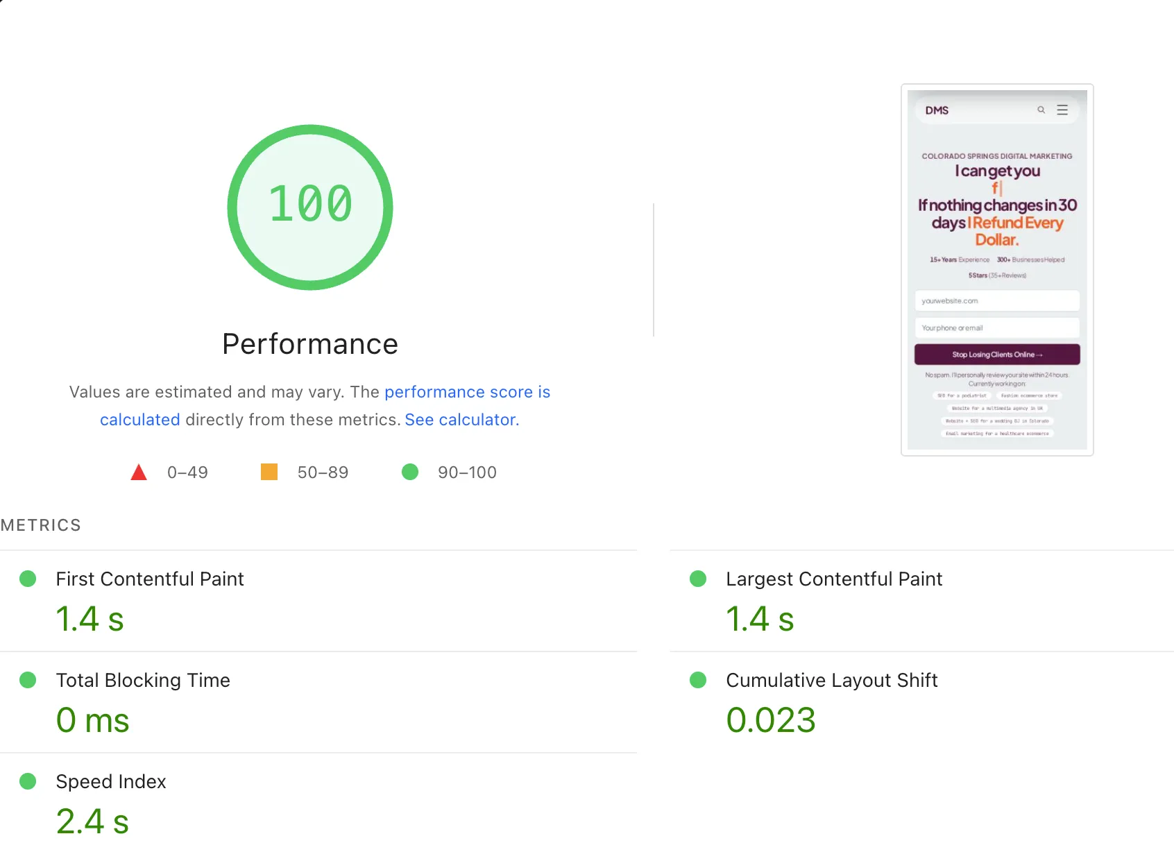 DMS website scoring 100 out of 100 on Google PageSpeed Insights