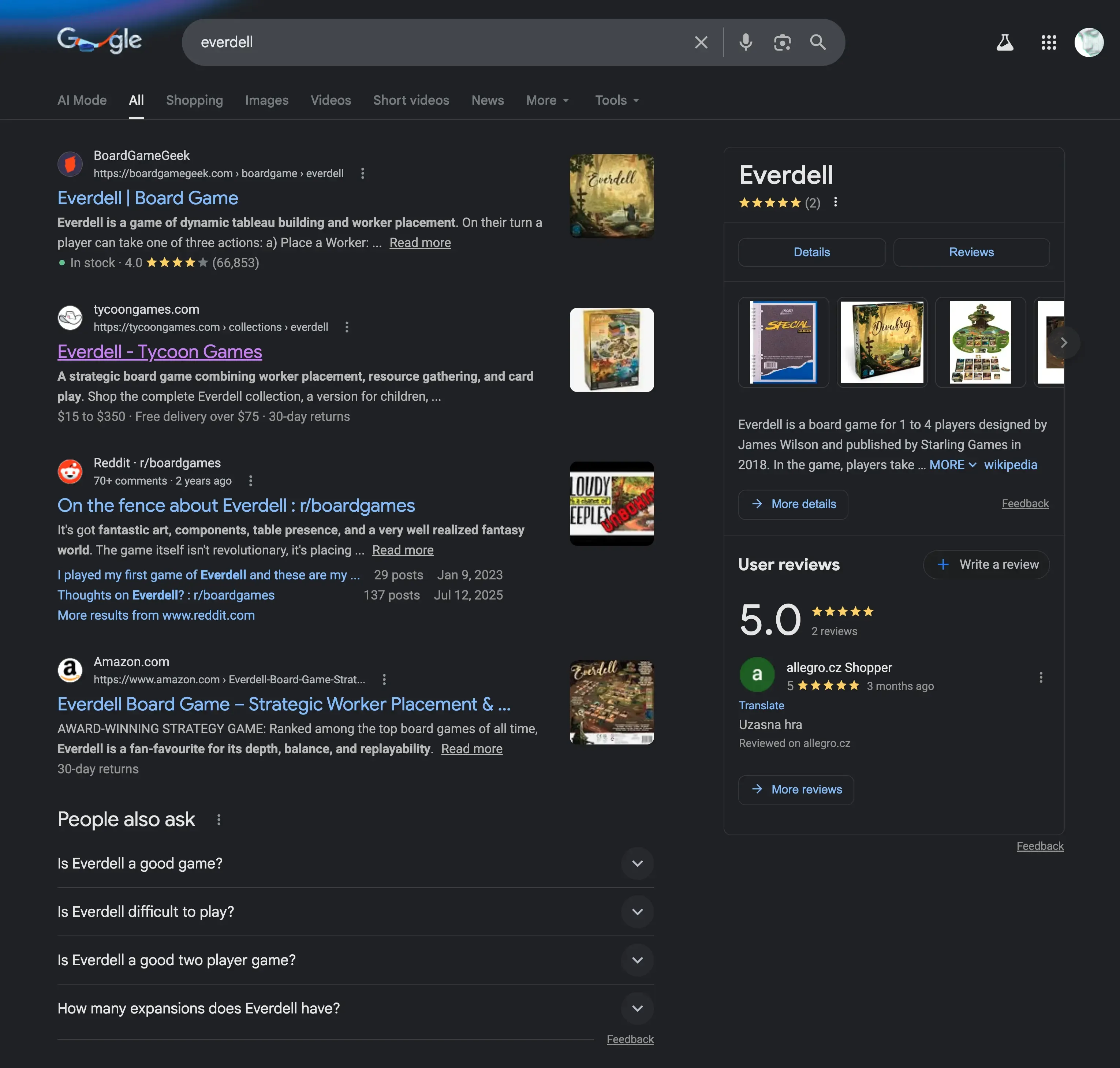 Google search results for "Everdell" showing Tycoon Games outranking Amazon at position #2, February 2026