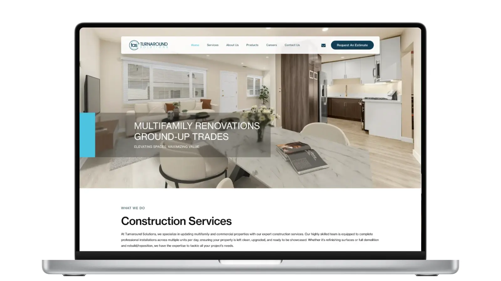 Turnaround Solutions homepage with navy and teal design, client logo bar, and multifamily renovation services overview