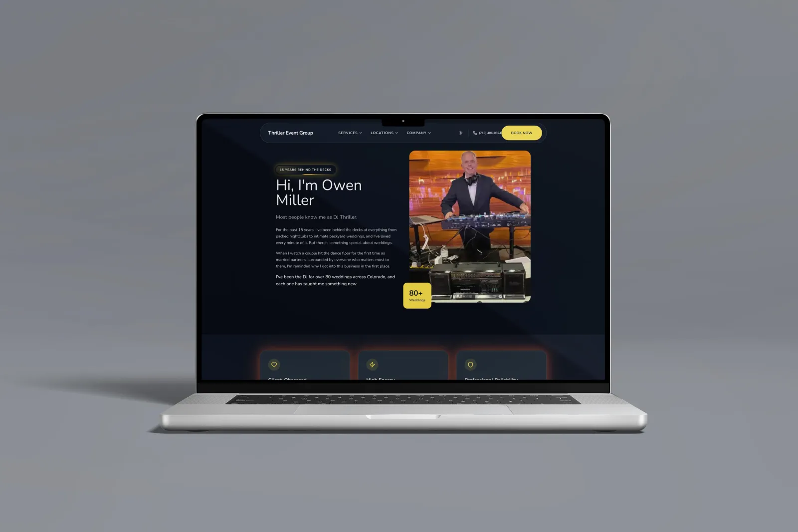 Laptop mockup on a gray background displaying the Timber Event Group wedding DJ website with a dark navy and gold color scheme, featuring a hero section introducing DJ Owen Miller alongside a photo of him performing at a live event with professional lighting