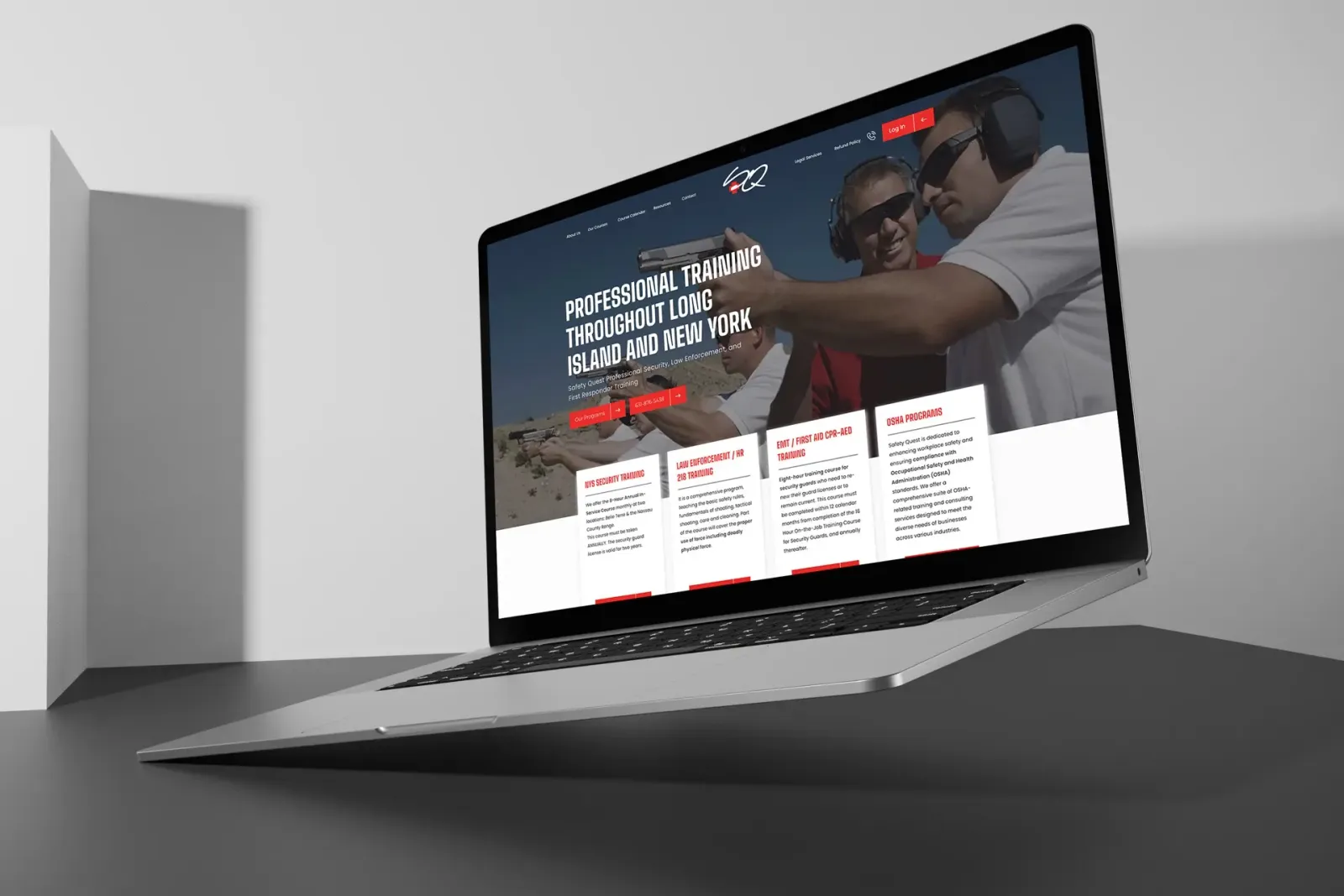 Safety Quest Limited website redesign shown on laptop mockup with firearms training hero section