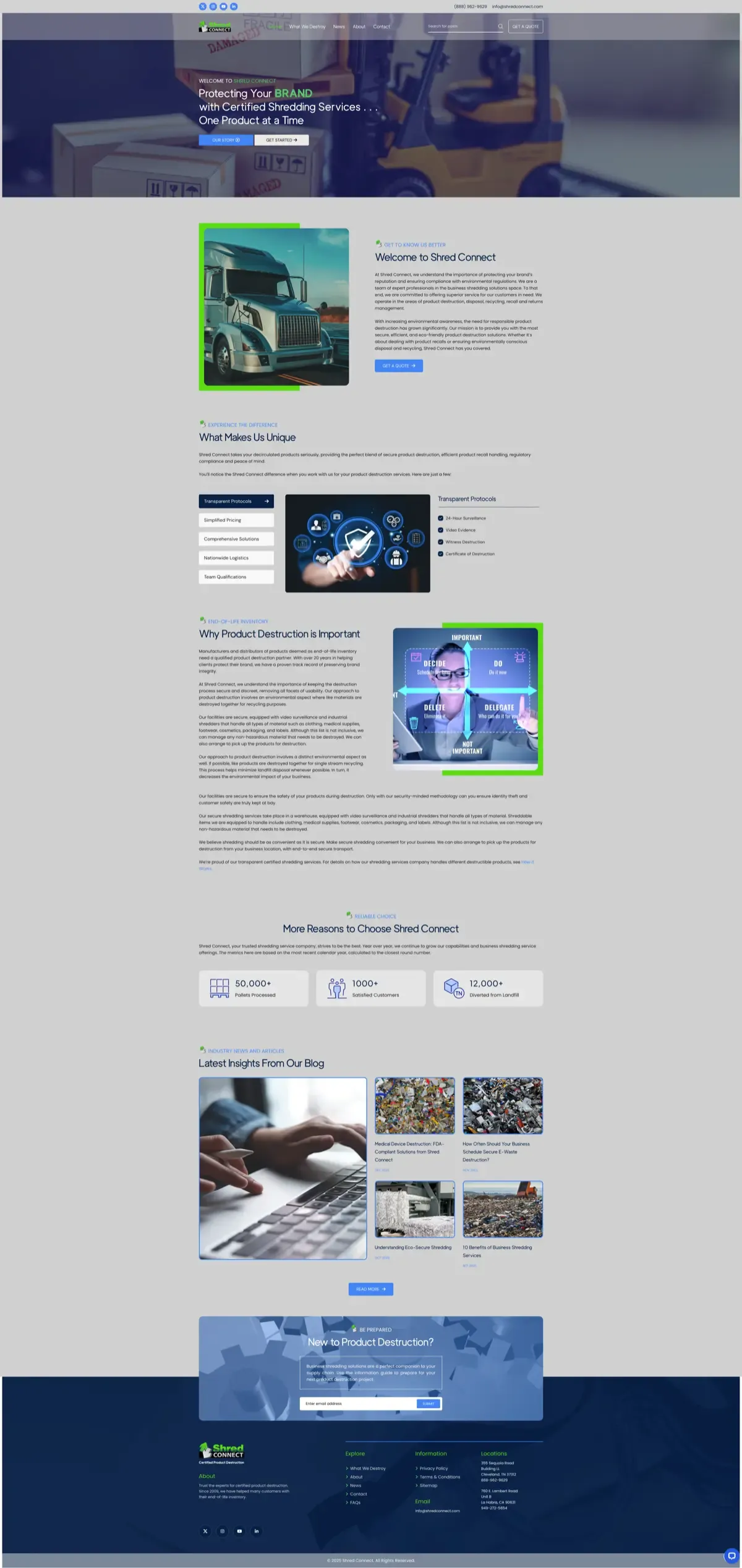 ShredConnect homepage with dark navy theme, tabbed features section, metrics bar, and blog integration