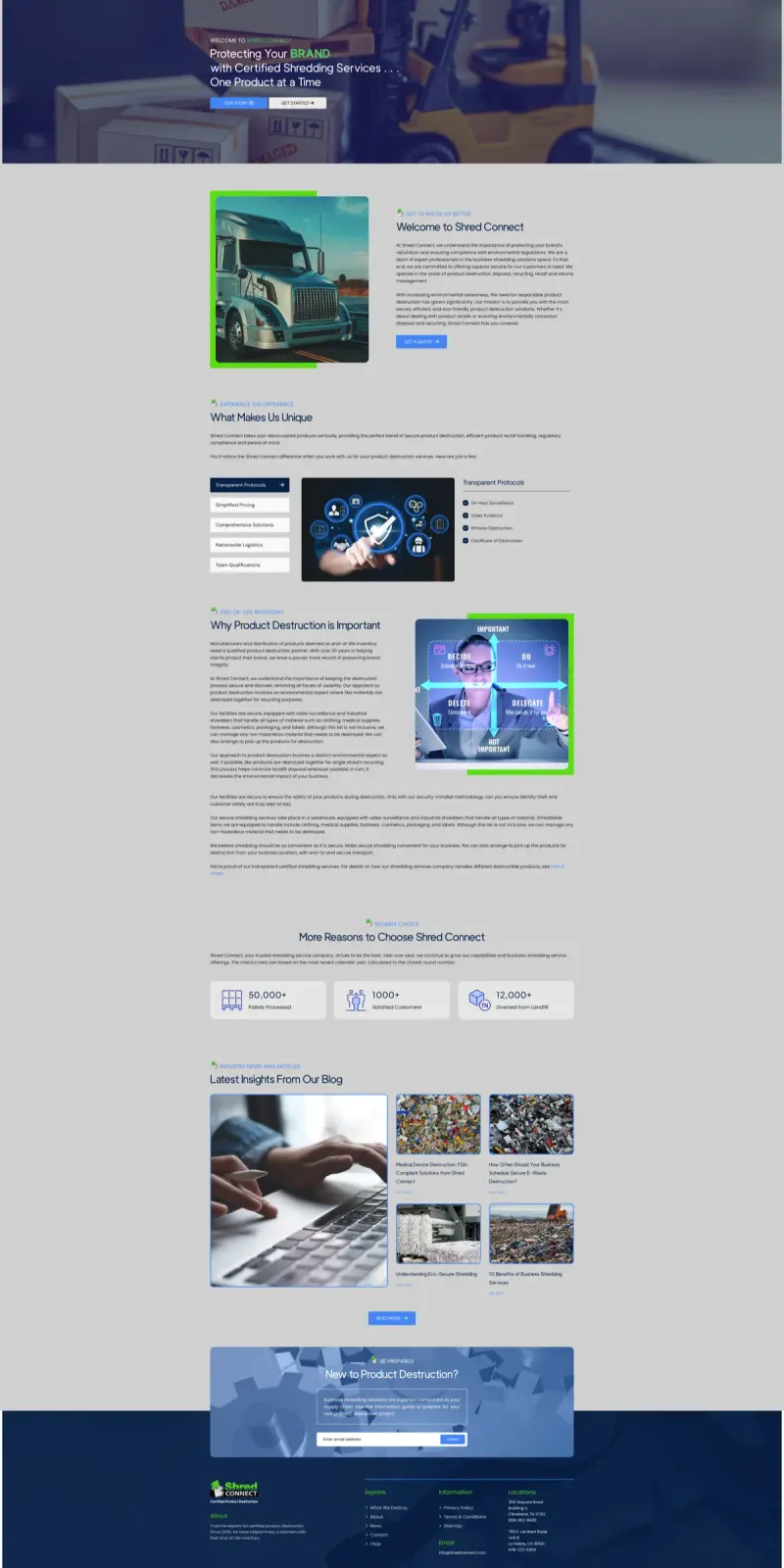 ShredConnect homepage with dark navy theme, green accents, hero section featuring truck imagery, tabbed features section, and client metrics