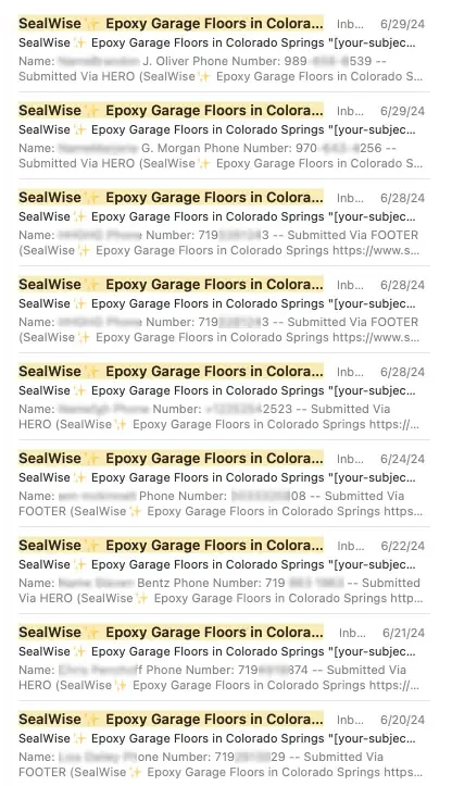 Screenshot of Sealwise Epoxy's email inbox showing 9+ qualified leads from homeowners requesting epoxy flooring quotes, received within a 10-day period in June 2024
