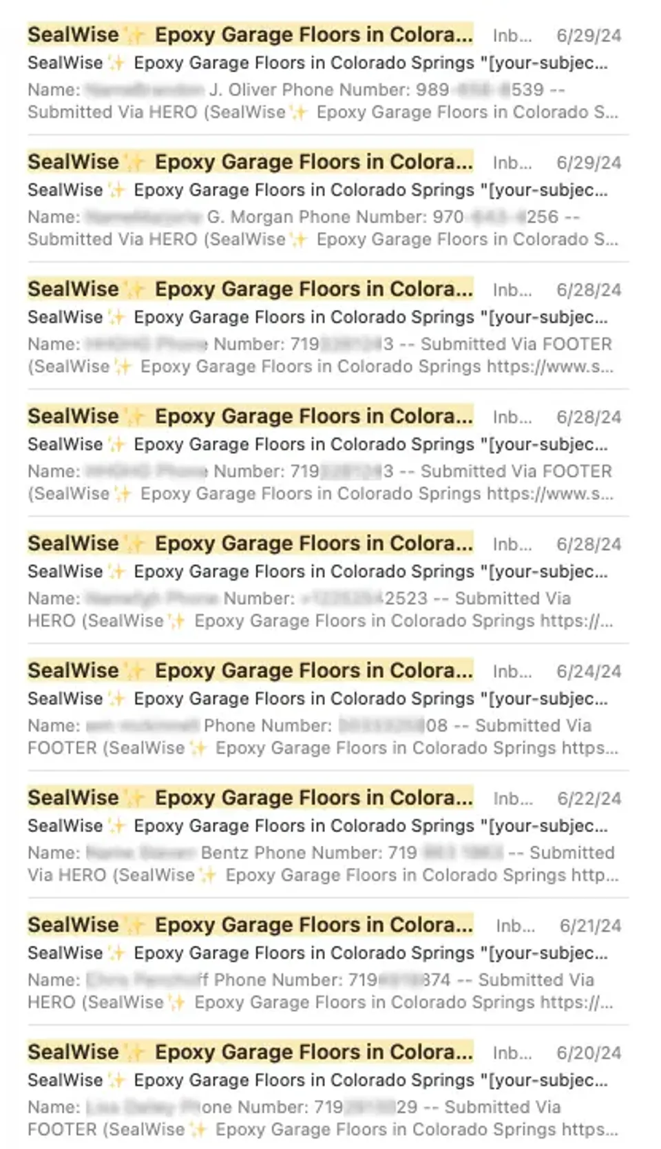Extended view of Sealwise Epoxy's email inbox showing even more qualified leads from homeowners across the Colorado Springs area