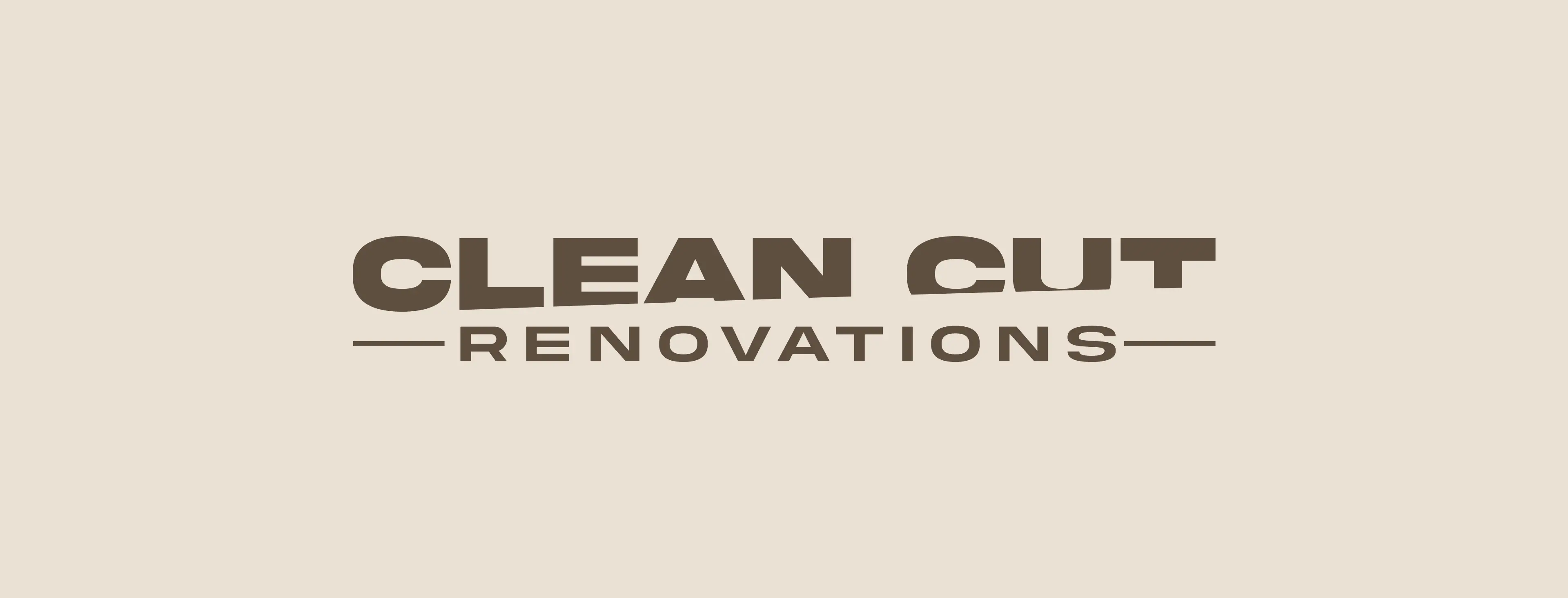 Clean Cut Renovations logo in warm brown on cream background showing diagonal cut through letterforms