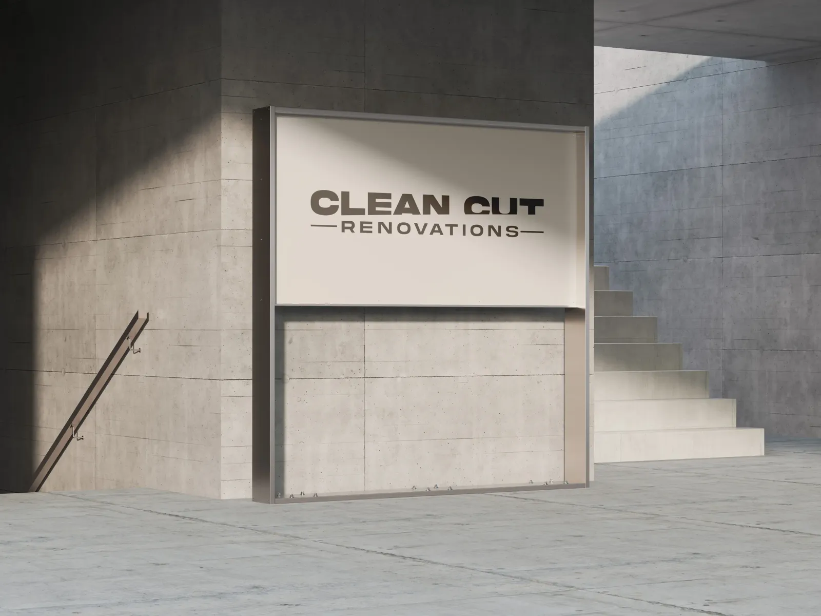 Clean Cut Renovations logo with diagonal cut letterforms displayed on concrete building signage