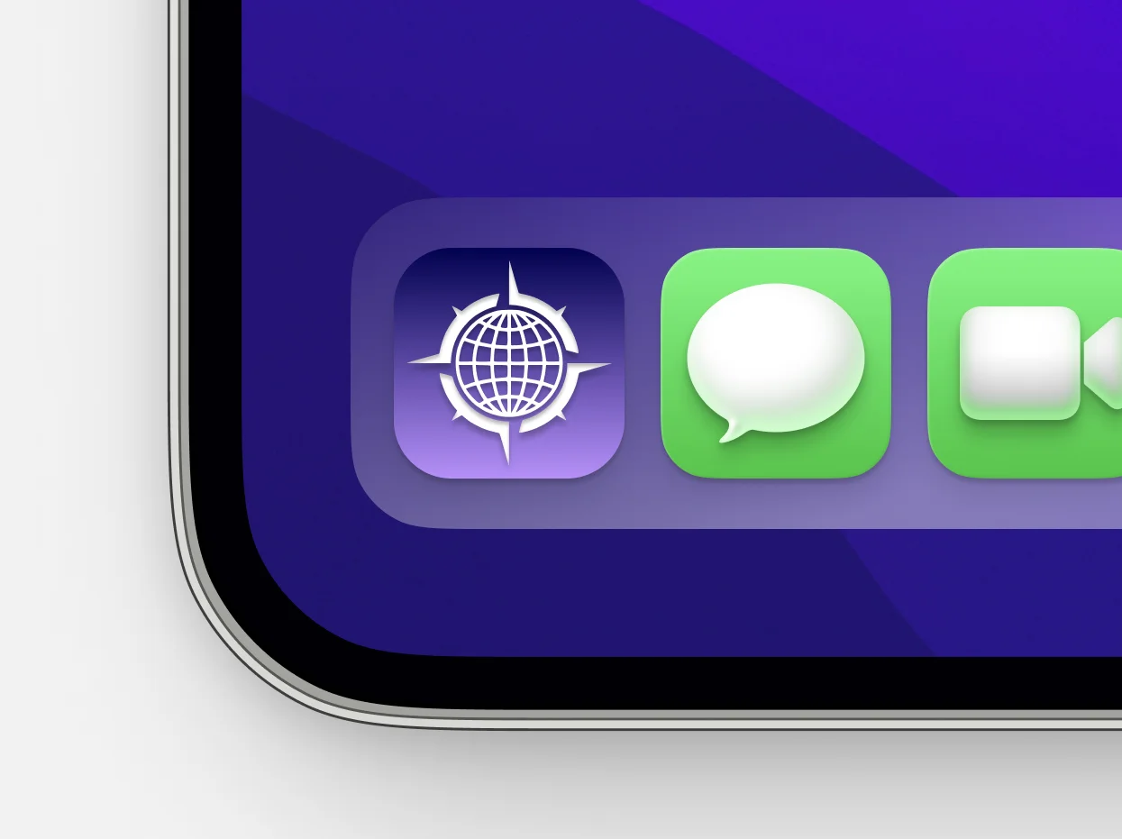 Pegria compass-globe app icon shown in iOS dock alongside system apps on purple gradient background