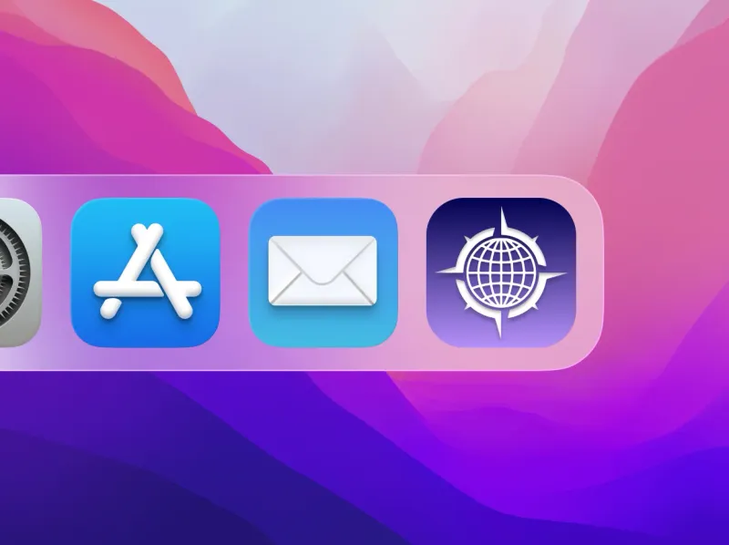 Pegria compass-globe app icon shown in macOS dock alongside App Store and Mail on pink and purple gradient desktop