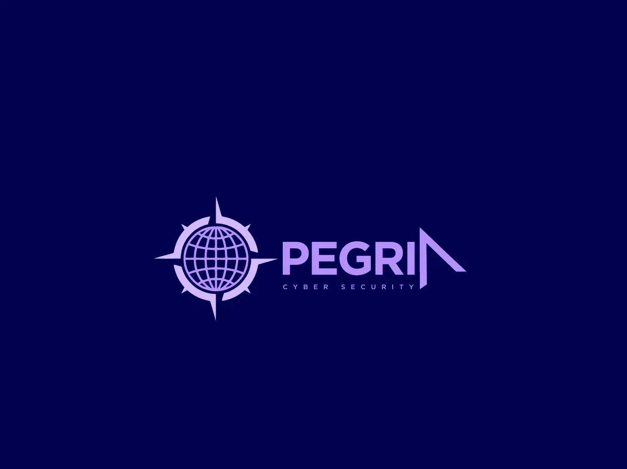 Pegria full logo showing compass-globe icon alongside PEGRIA wordmark with Cyber Security tagline on deep navy background