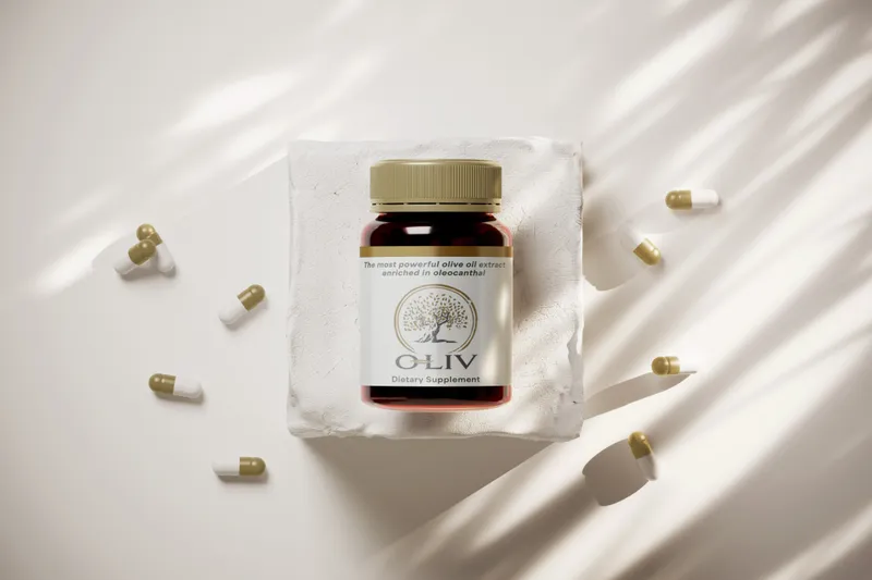 O-Liv high phenolic olive oil supplement bottle mockup on a natural background