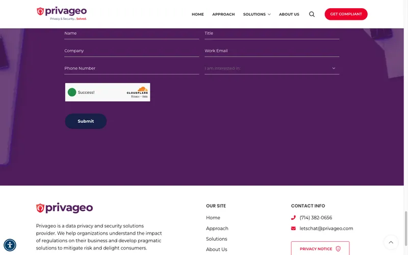 Privageo contact form with fields for name title company email phone and interest category dropdown