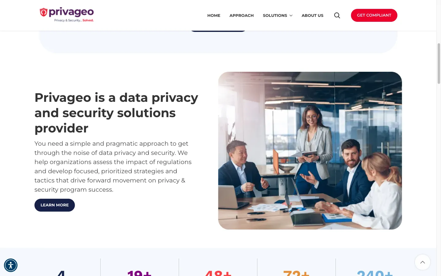 Privageo company description section with team photo and statistics