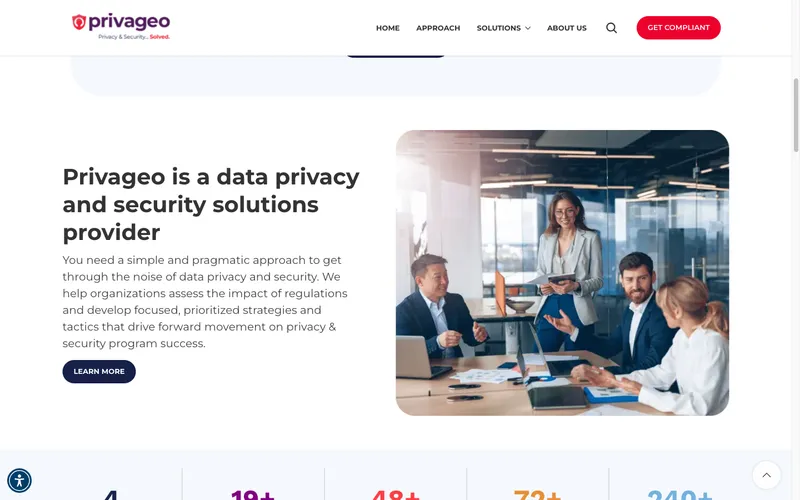 Privageo company description section showing team photo with statistics and Learn More call to action