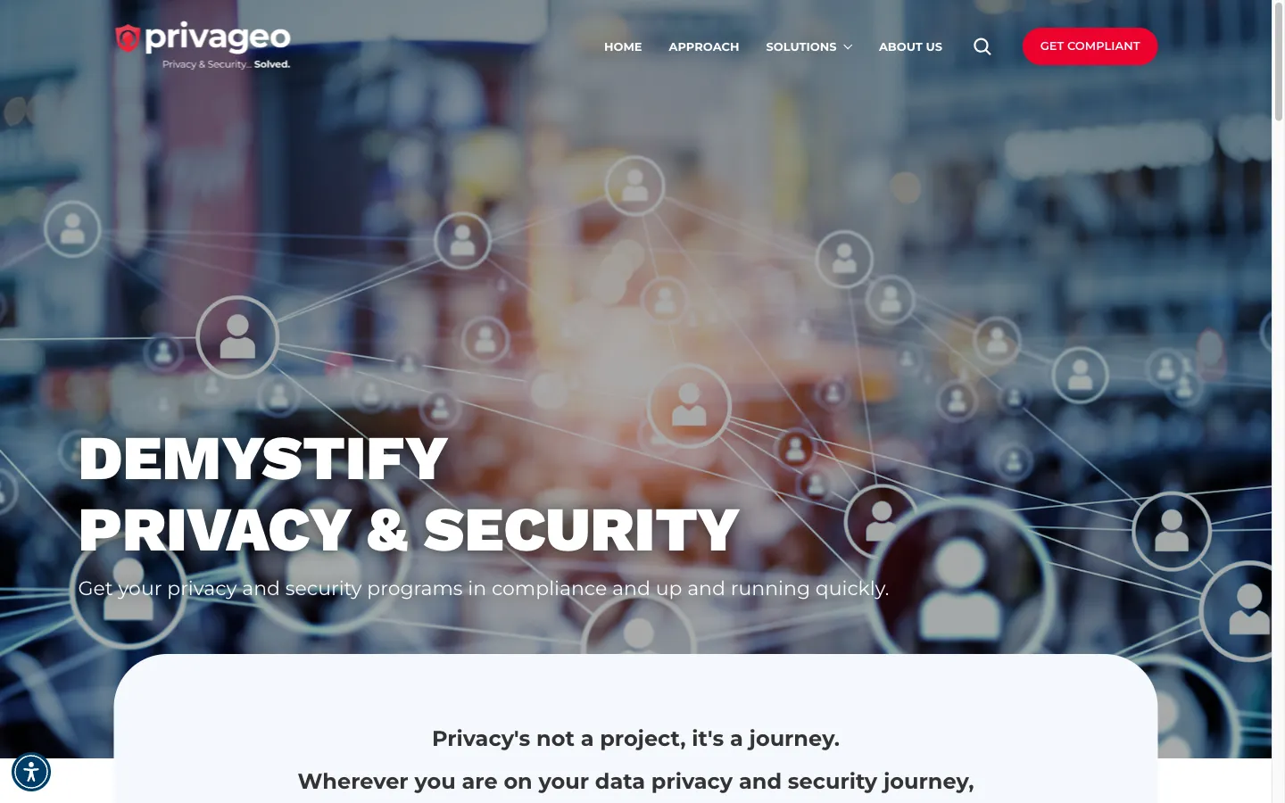 Privageo homepage hero section showing bold typography reading Demystify Privacy and Security over a network visualization background