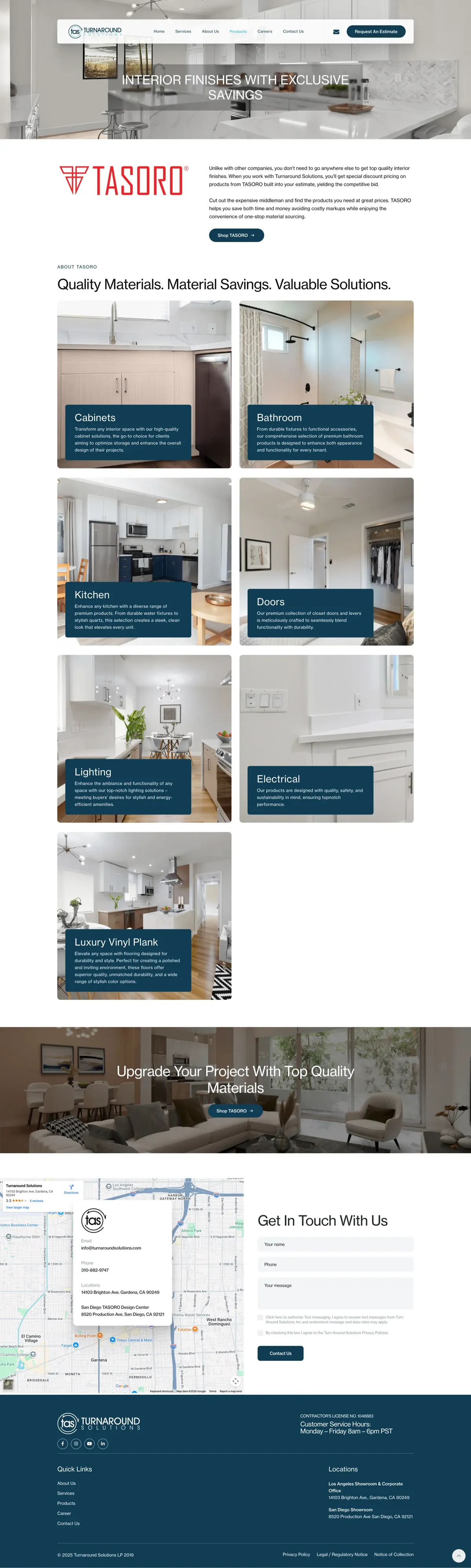 Tasoro Products catalog integrated into Turnaround Solutions website showing building materials