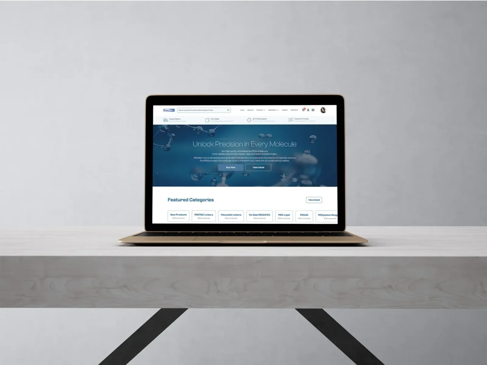 Laptop mockup displaying the PurePEG pharmaceutical e-commerce homepage with a blue molecular hero banner, navigation bar, product category badges, and featured categories section